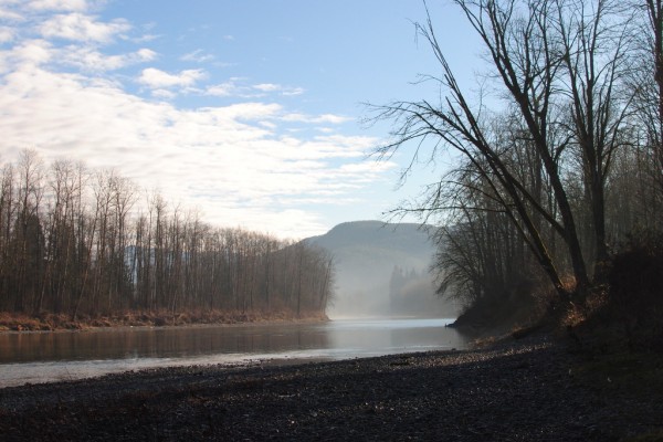 foggy river and blue sky